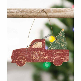 Glittered wood merry xmas truck ornament