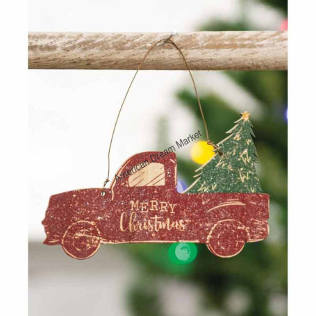Glittered wood merry xmas truck ornament